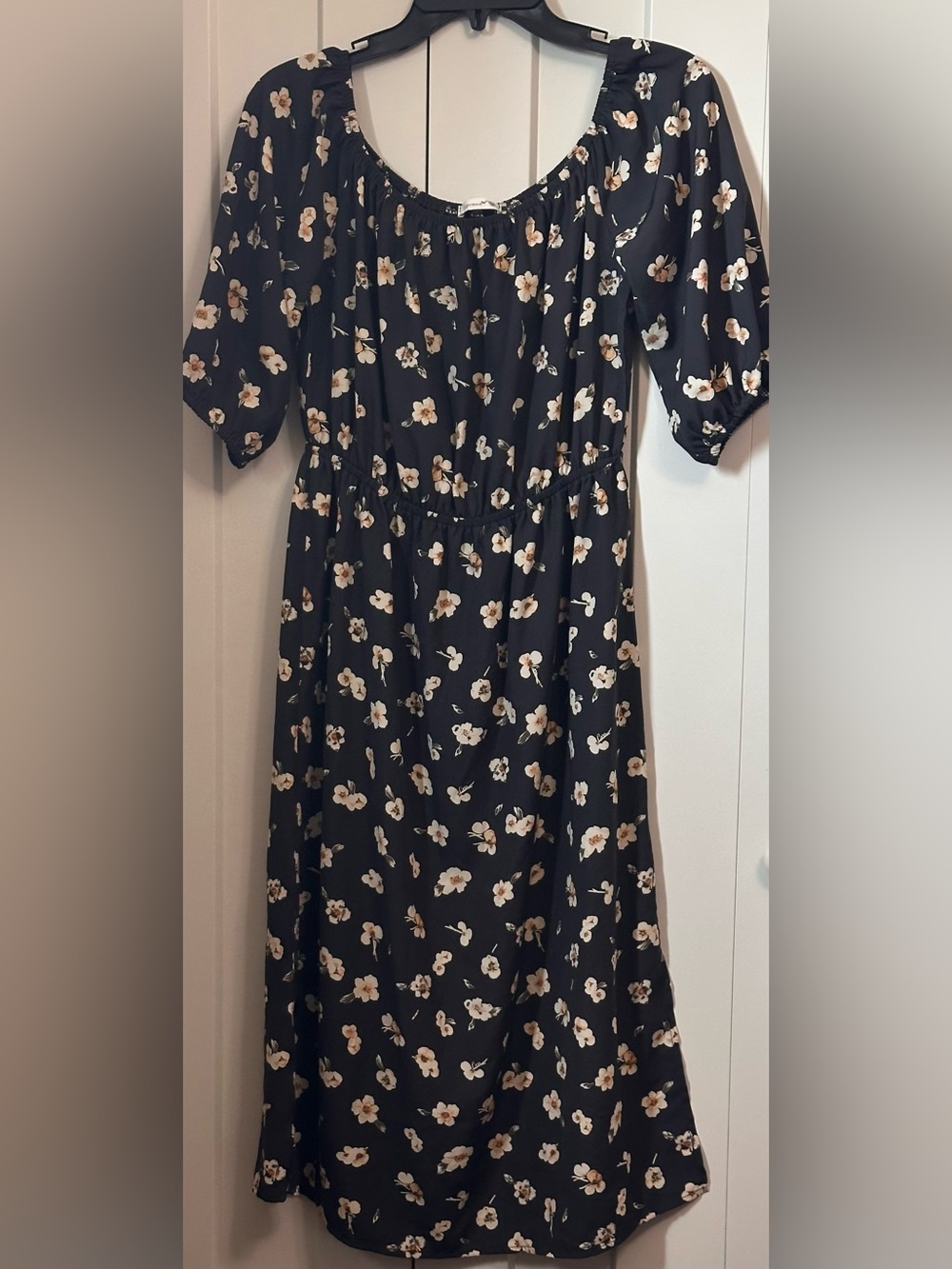 Soprano Floral Peasant Midi Dress Black Cream Smocked Waist Size L